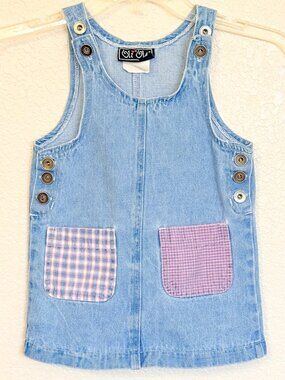 Vintage 90s Oli Ola Denim Overalls Jumper Dress Girls 3T Gingham Pockets
